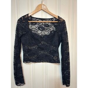 Black Floral L Lace Long Sleeve Crop Top Sheer Sweetheart Neck Y2K Dark Coquette